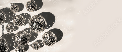 Sparkling disco balls collection. Monochrome holidays layout. photo