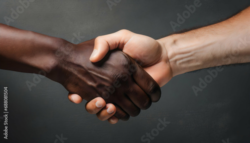 Hands shaking together as diversity unity concept on dark background