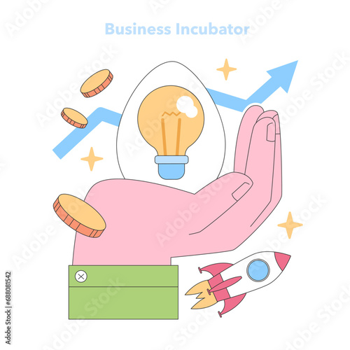Business Incubator concept. Hand nurtures a bright idea within an egg, symbolizing protection and growth, with ascending trajectory and rocket for rapid progress. Flat vector illustration