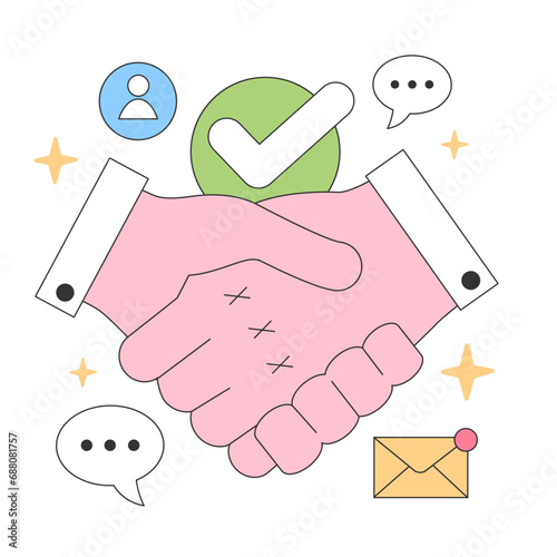 Business agreement concept. Handshake with approval checkmark, user icon, communication bubbles, and email. Trust and partnership establishment. Flat vector illustration