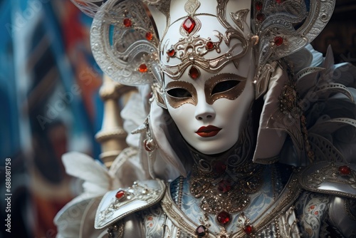 Woman in chic Carnival Venetian costume in silver and white colors at the Venetian Mardi Gras Carnival in Venice, Italy