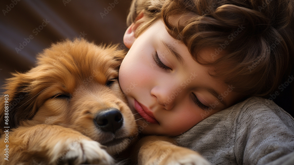 Cute child cuddling with puppy dog, AI Generated