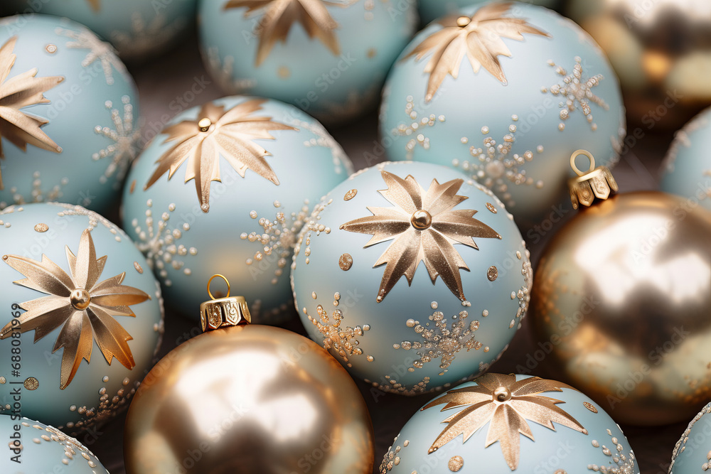 retro style glass christmas baubles pattern in pastel blue and gold colors, festive shiny retro style glass christmas baubles pattern in pastel blue and gold colors, festive shiny