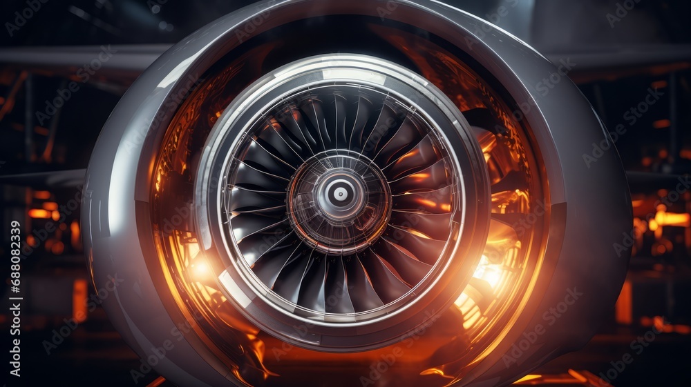 Modern turbofan jet engine blades background. Close up of turbojet of aircraft or spacecraft on with glowing yellow orange neon lights. Blades of the turbofan engine of the airplane. - obrazy, fototapety, plakaty 