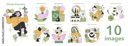 Fototapeta Naklejka Na Ścianę i Meble -  Circular Economy set. Sustainable living, innovative recycling concepts. Eco-friendly resource management, waste reduction. Flat vector illustration
