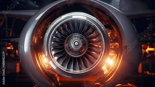 Modern turbofan jet engine blades background. Close up of turbojet of aircraft or spacecraft on with glowing yellow orange neon lights. Blades of the turbofan engine of the airplane.
