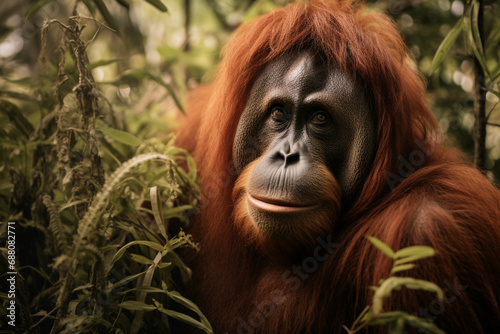 Wild Male Orangutan in the Borneo forest