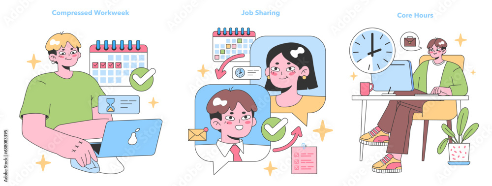 Flexible Work Arrangements set. Employees explore a compressed workweek, embrace job sharing, and commit to core hours. Modern workplace flexibility. Flat vector illustration Flexible Work Arrangements set. Employees explore a compressed workweek, embrace job sharing, and commit to core hours. Modern workplace flexibility. Flat vector illustration