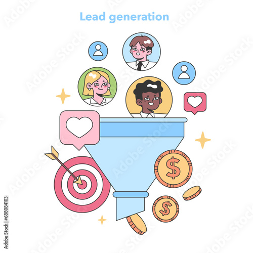 Diverse avatars channeling into a funnel, converting likes and targets to revenue, embodying the lead generation process. Flat vector illustration