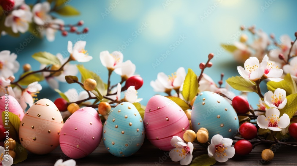 A group of decorated eggs sitting on top of a wooden table. Rustic Easter background.