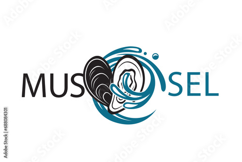 label of fresh mussel shell isolated on light background photo