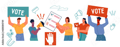 Vote and elections, democracy banner with people participate in election and have a voice in shaping government. Democratic voting for human rights and social equality, vector illustration isolated.