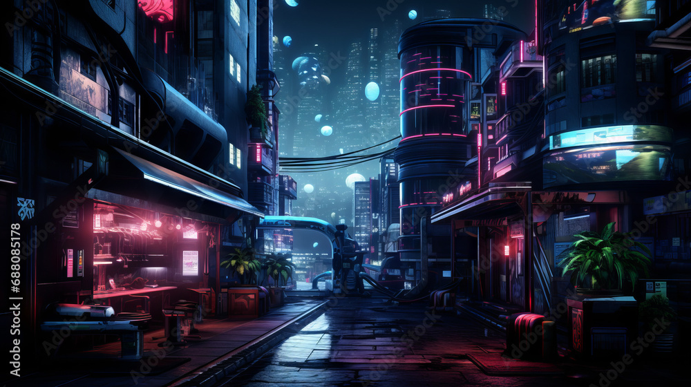 A futuristic cyberpunk city at night