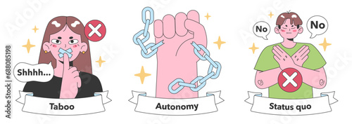 Nonconformism visuals depicting taboo defiance, yearning for autonomy, and rejection of the status quo. Embracing bold individual choices. Flat vector illustration.