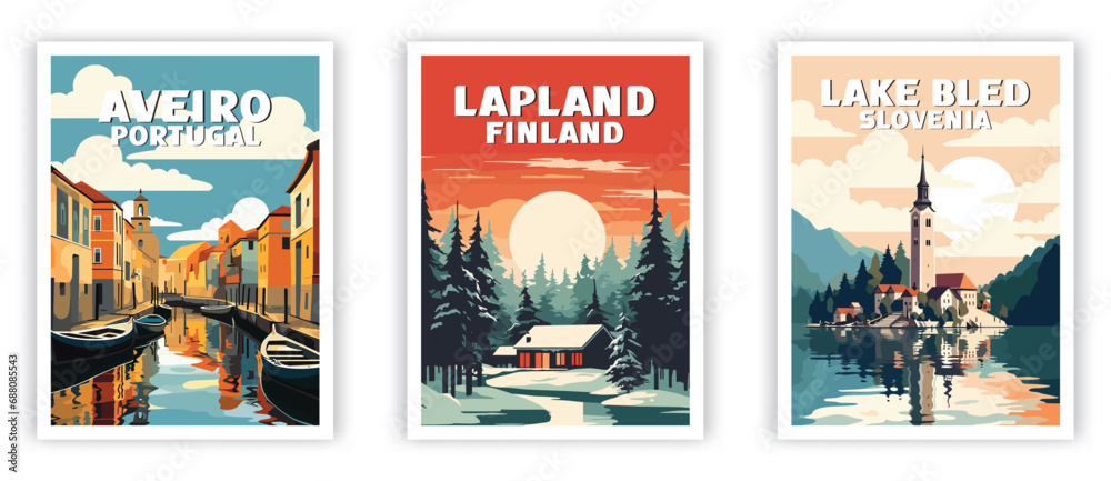 Lake Bled, Aveiro, Lapland Illustration Art. Travel Poster Wall Art. Minimalist Vector art. - obrazy, fototapety, plakaty 