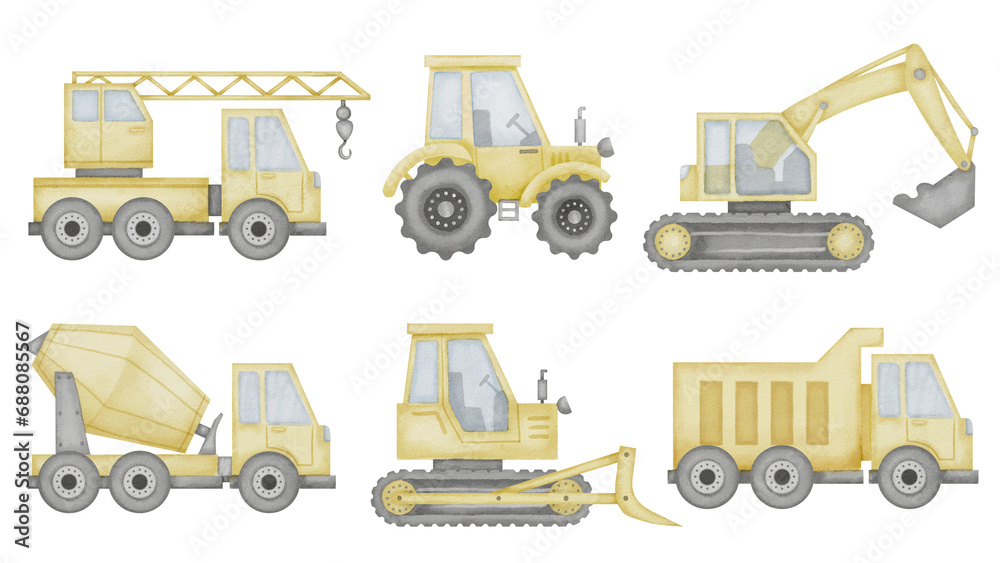 Truck Set Watercolor illustration. Hand drawn clip art of baby toy cars on isolated background. Tractor with lorry and concrete mixer drawing. Sketch of auto crane with excavator and bulldozer.
