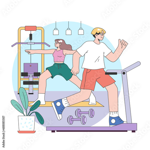 Gym-based office break concept. A pair unwinding with treadmill and weight station exercises, amidst soothing indoor plants. Energizing escape from desk duties. Flat vector illustration