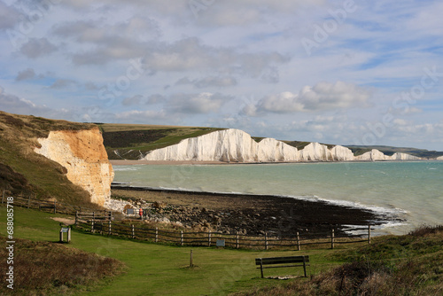 The Seven Sisters chalk cliffs, South Downs National Park, East Sussex, England, United Kingdom, Europe.  photo