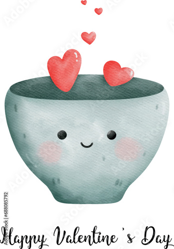 Blue coffee cup with heart. Cute clue cup for valentine day Watercolor style 