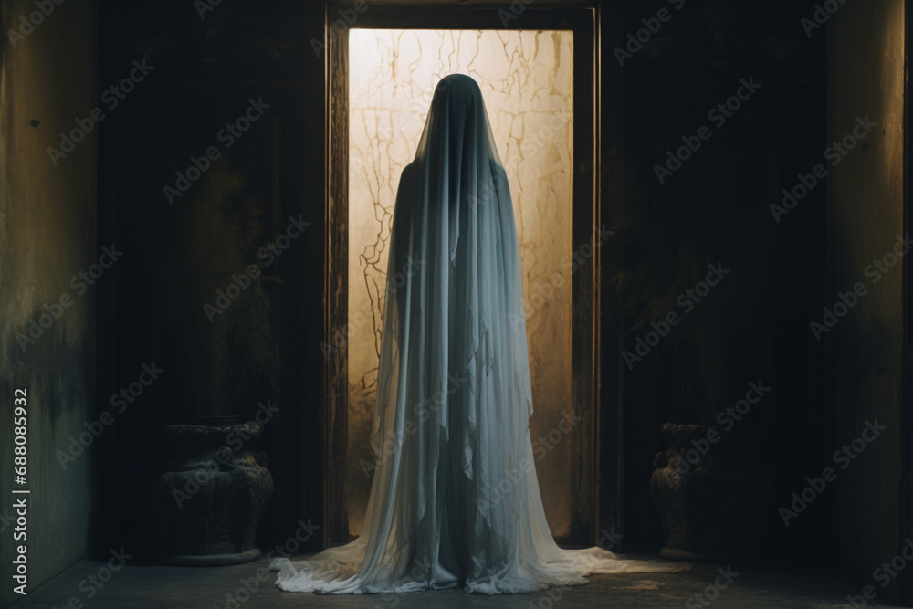 Woman in White Veil Standing in Doorway