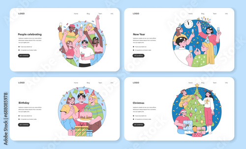 Celebration Moments web or landing set. Diverse groups enjoy festive occasions, from casual gatherings to holiday cheer. Flat vector illustration.