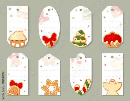 Christmas label gift tags holiday flat set. Paper sticker decoration packing price gingerbread house gift xmas tree ball candy bell snowflake angel strawberry ads note new year greeting discount sale