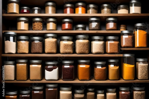 A top-down view of an organized kitchen pantry, with neatly arranged jars of heirloom grains, specialty flours, and rare spices.