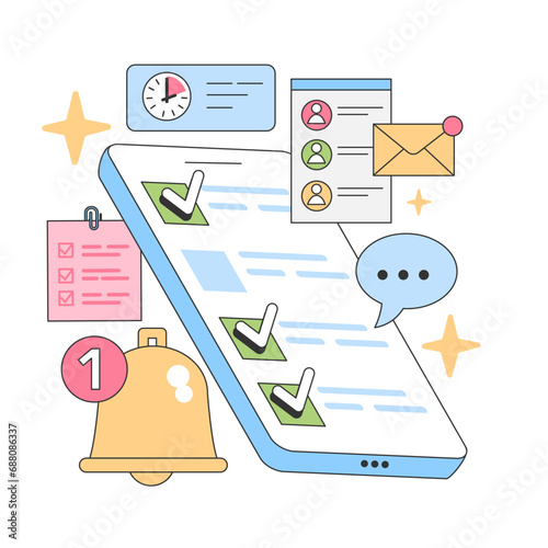 Organized mobile task concept. Smartphone displays reminders, messages, and checklists. Efficiently tackling daily goals, getting instant notifications, and managing time. Flat vector illustration.