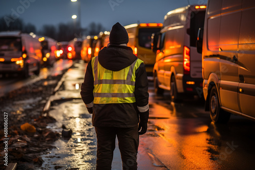 portrait of a parking attendant on the street, view from the back