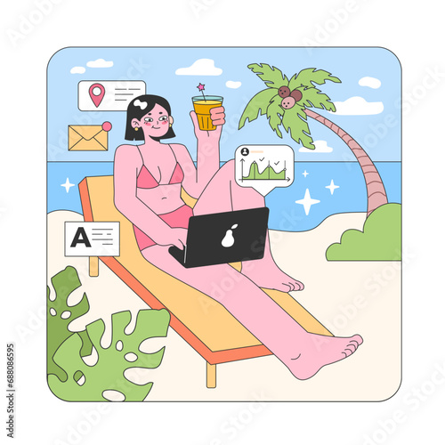 Workation paradise. Woman multitasking on laptop while lounging at a tropical beach, enjoying a refreshing drink. Digital nomad lifestyle blends work with relaxation. Flat vector illustration.