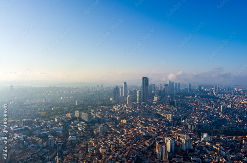 Istanbul, Turkey. Panorama of the city in the morning. Skyscrapers and residential areas. Highways. Aerial view