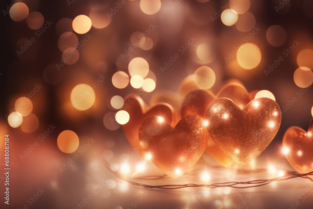 Valentine's Day background theme. A dreamy background image of heart-shaped bokeh lights in warm tones. The lights create a soft, glowing effect, ideal for a romantic and magical festive day.