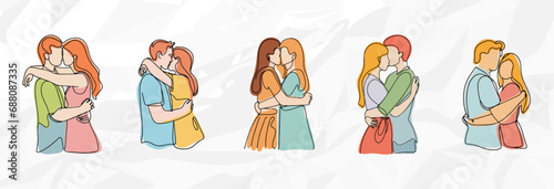 Liebevolle Umarmungen: Lineart Vektorgrafik-Bundle von Pärchen unterschiedlicher Gender, die sich umarmen