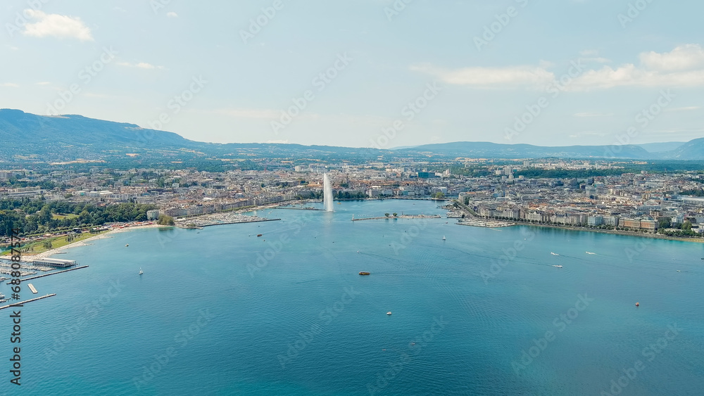 Geneva, Switzerland. Fountain Je-Deau. Large fountain jet up to 140 meters. The main attraction of Lake Geneva. Summer day, Aerial View
