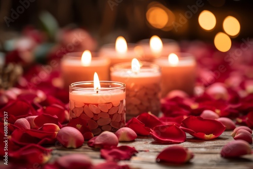 A trail of red rose petals leading to a group of lit candles. The candles are set against a dim, soft-focus background, creating a romantic and cozy atmosphere