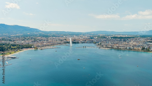Geneva, Switzerland. Fountain Je-Deau. Large fountain jet up to 140 meters. The main attraction of Lake Geneva. Summer day, Aerial View