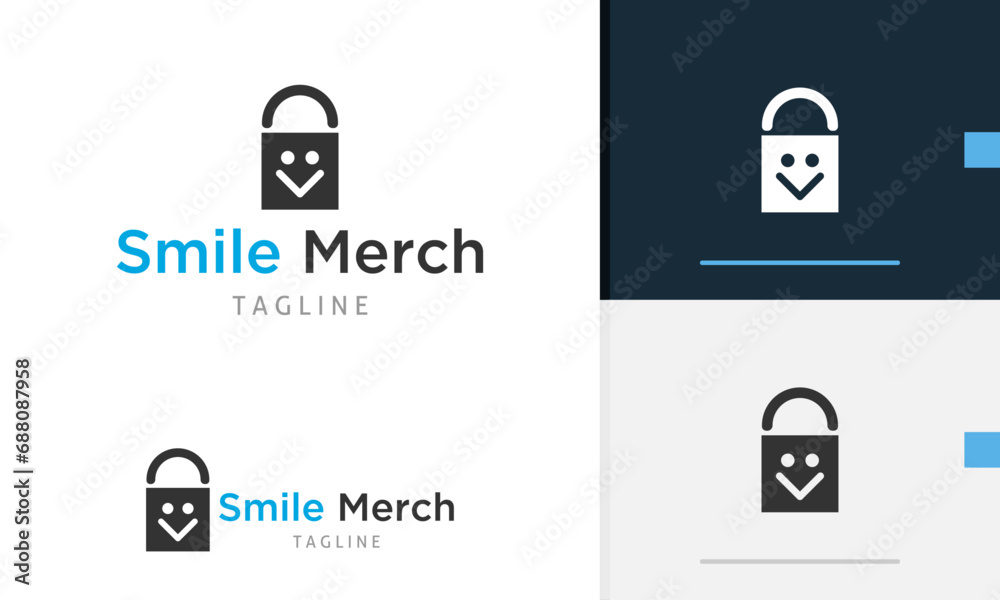Logo design icon of geometric bag with happy smile face design on it for fashion or clothing Logo design icon of geometric bag with happy smile face design on it for fashion or clothing
