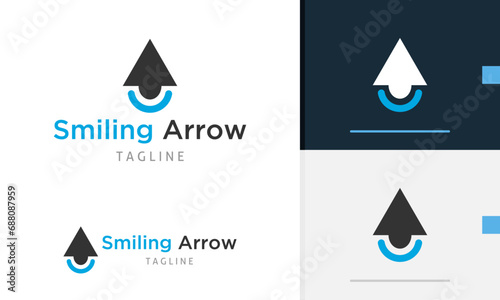Logo design icon of geometric sharp arrow design showing direction to location with smile face