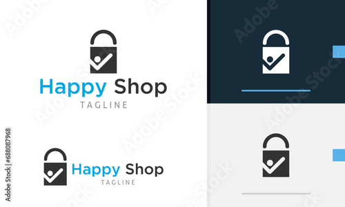 Logo design icon of geometric shopping bag with happy people design on it for fashion or clothing