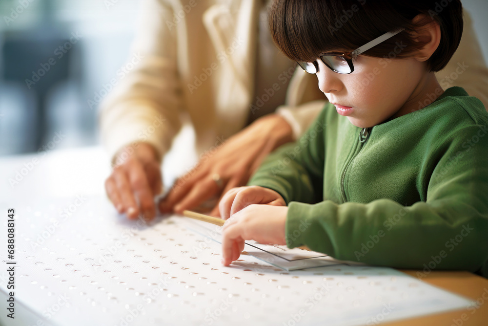 Visually impaired child in glasses engage in handson braille reading