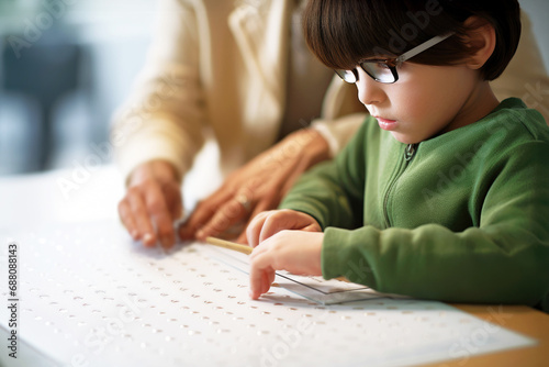 Visually impaired child in glasses engage in hands-on braille reading exercises in the inclusive kindergarten. Accessibility and equality in classroom. Inclusive education, World Braille Day concept photo