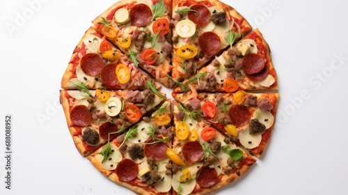 a hexagonal pizza with an array of toppings artfully arranged, turning this familiar food into a gourmet visual experience on a plain white surface.