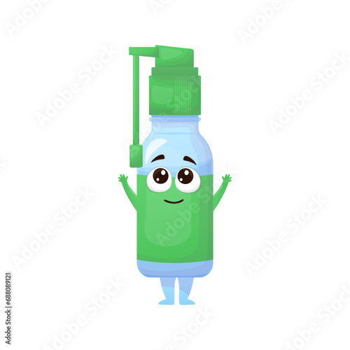 Medical cute throat spray character in cartoon style. Glass bottle with spray for sore throat in vector without background for games, print, books and pharmaceutical sales.