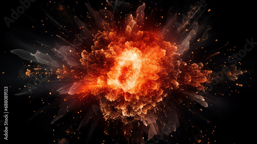 Realistic Fiery Explosion: Dynamic Motion of Blazing Flames and Sparks Over a Dramatic Black Background - Powerful Pyrotechnics Captured in Vibrant Detail.