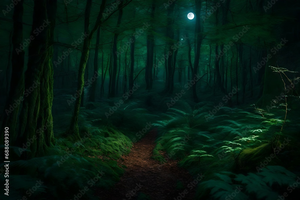 A magnificent enchanted woodland straight out of a fairy tale, illuminated by a full moon that highlights the lush foliage and trees.