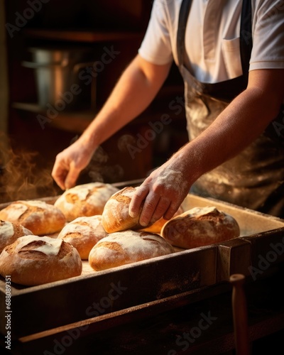 a baker putting bread into the oven