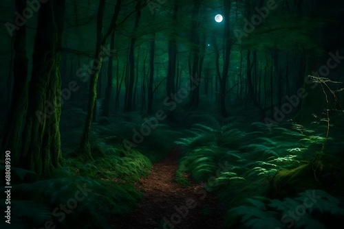 A magnificent enchanted woodland straight out of a fairy tale  illuminated by a full moon that highlights the lush foliage and trees.