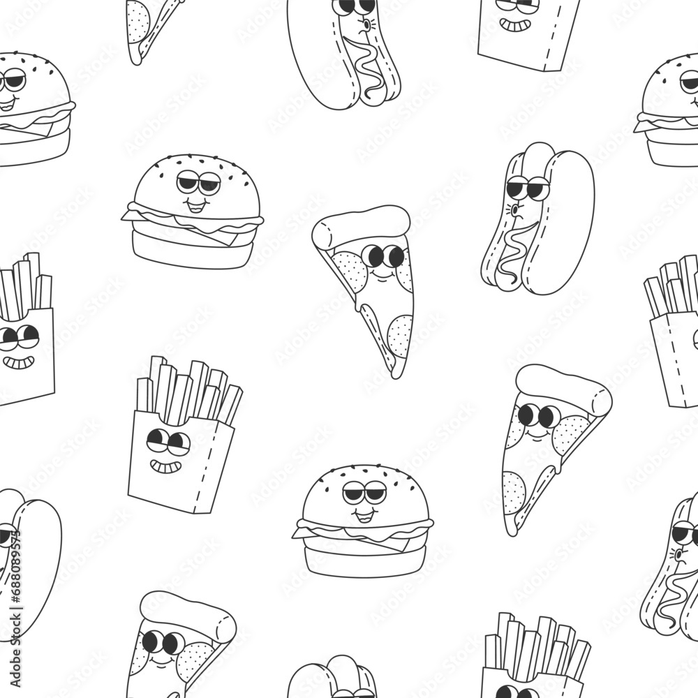 WSeamless pattern with line art hot dog, burger, french fries and pizza. Cartoon black characters in trendy retro style. Vector illustration