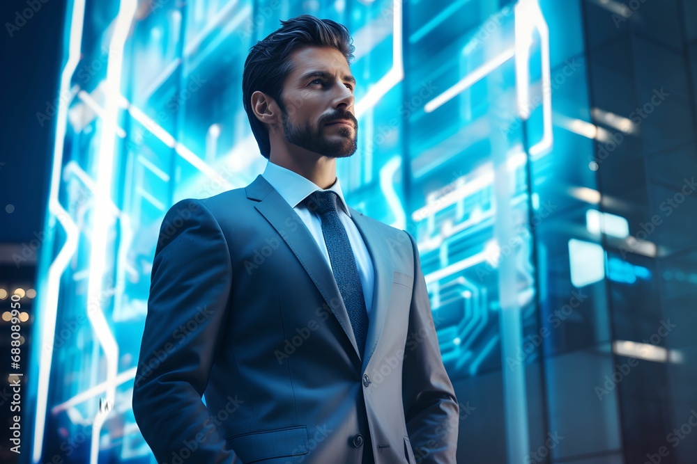 Fototapeta premium Modern Business Leader with Building Blue Holographic Display, Mesmerizing, Technology-driven, Success, Advancement
