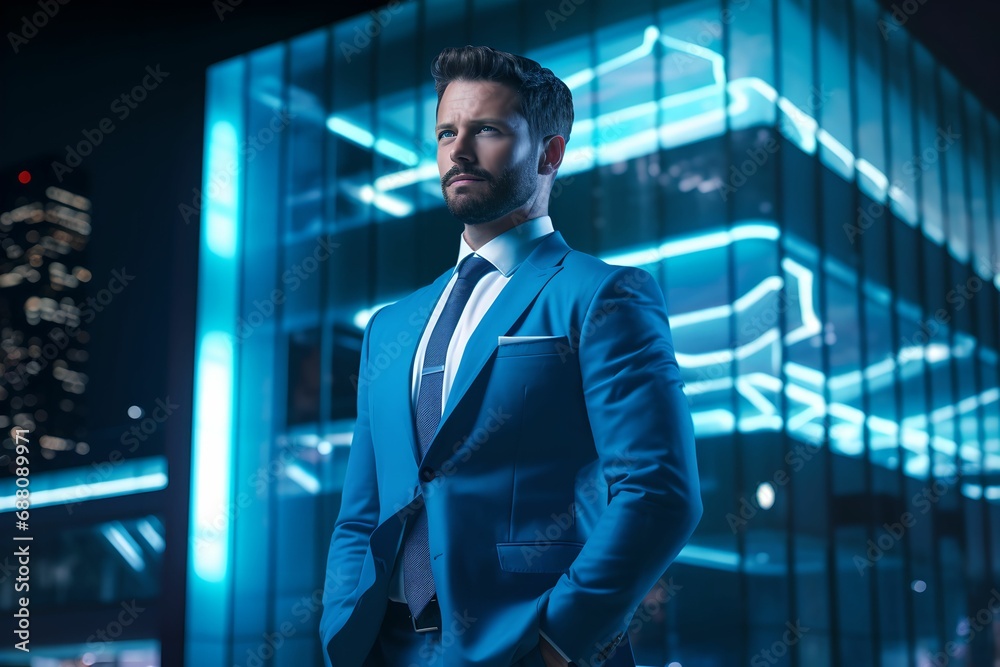 Modern Business Leader with Building Blue Holographic Display, Striking, Technology-driven, Success, Advancement Modern Business Leader with Building Blue Holographic Display, Striking, Technology-driven, Success, Advancement